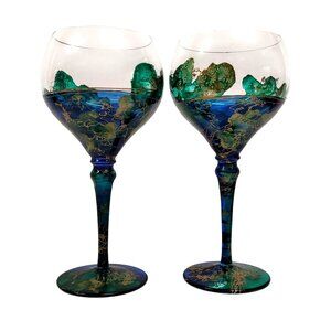 Monarch Crystal Lagoon Set 2 Hand Paint Wine Glasses Blue Green Gold Paint Loss